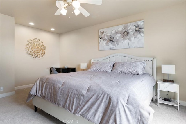 bedroom featuring carpet flooring, recessed lighting, and baseboards