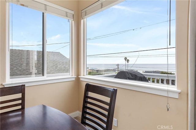 interior space with a water view