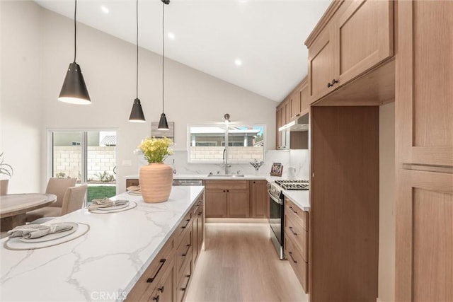 kitchen featuring light stone counters, under cabinet range hood, a sink, light wood-style floors, and stainless steel gas range