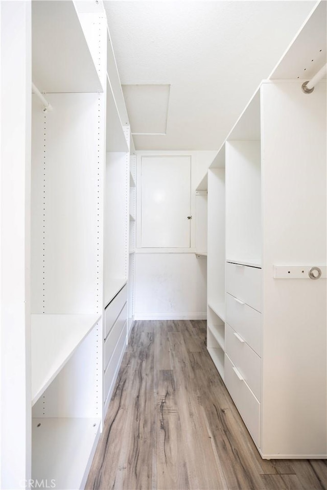 walk in closet with light wood-type flooring and attic access