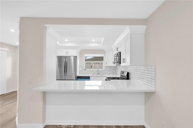 kitchen with decorative backsplash, appliances with stainless steel finishes, a peninsula, a tray ceiling, and light countertops