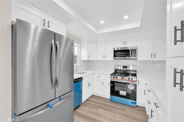 kitchen with stainless steel appliances, a sink, light countertops, decorative backsplash, and a tray ceiling