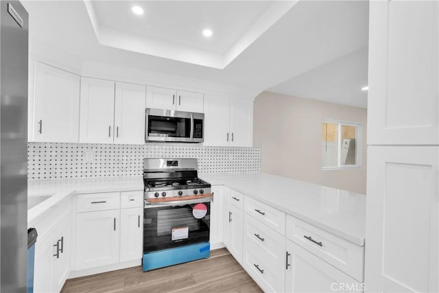 kitchen featuring light wood-style floors, appliances with stainless steel finishes, light countertops, and decorative backsplash