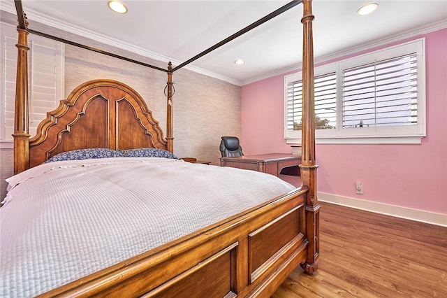 bedroom with light wood-type flooring, crown molding, baseboards, and recessed lighting