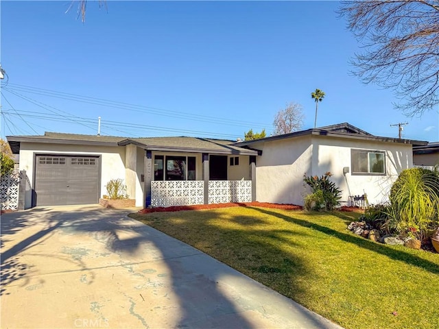 ranch-style house featuring an attached garage, a front yard, concrete driveway, and stucco siding