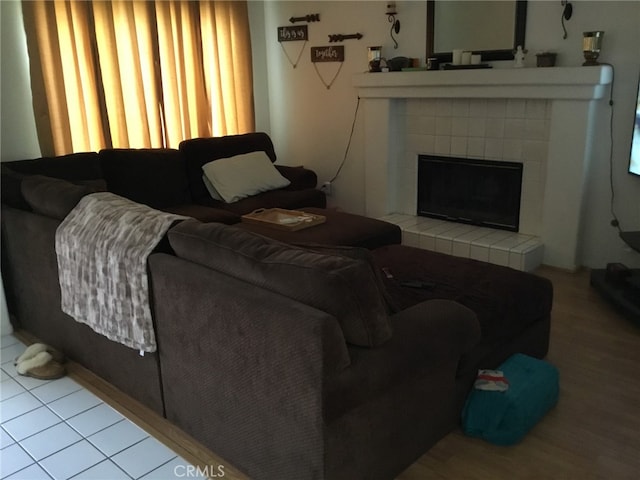 living area with a fireplace and wood finished floors