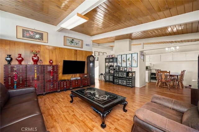 living room with visible vents, beamed ceiling, wood finished floors, and wood ceiling