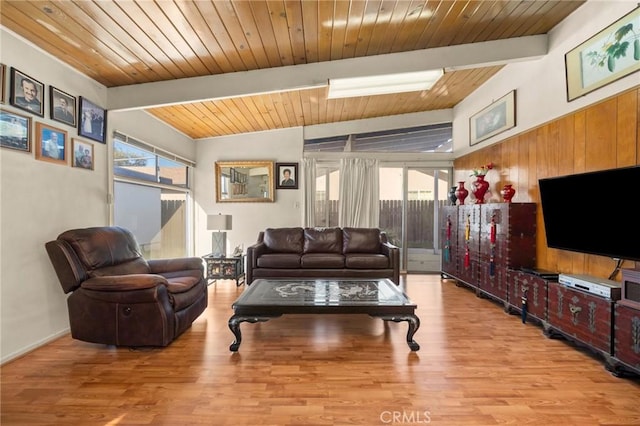 living room with wooden ceiling, lofted ceiling with beams, and wood finished floors