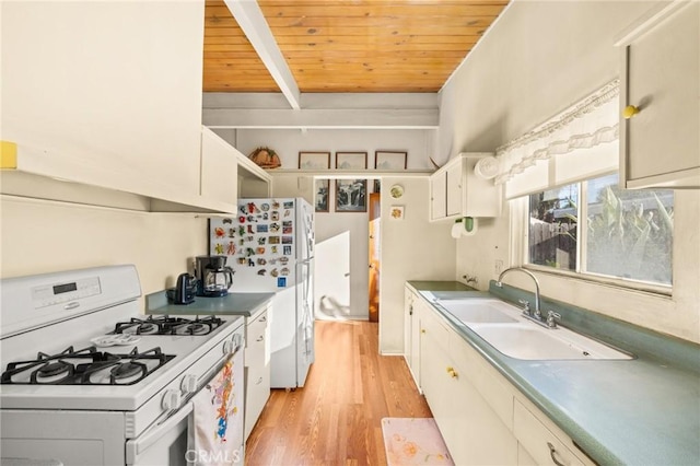 kitchen featuring wooden ceiling, white appliances, a sink, light wood-type flooring, and beam ceiling