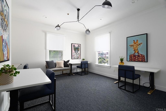 home office featuring baseboards, dark carpet, and crown molding