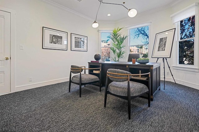 office space with baseboards, recessed lighting, dark carpet, and crown molding