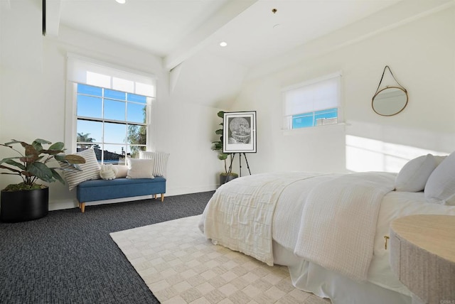 bedroom featuring carpet floors, recessed lighting, and baseboards