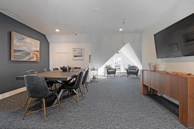 carpeted dining space with recessed lighting, visible vents, and baseboards