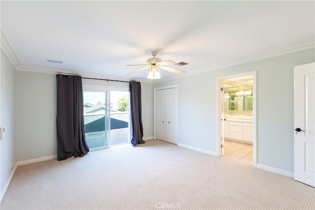 unfurnished bedroom with light carpet, baseboards, visible vents, ornamental molding, and access to exterior