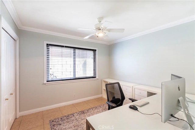 office featuring light tile patterned floors, baseboards, a ceiling fan, and crown molding