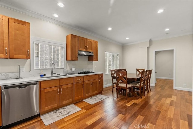 kitchen with a sink, light wood-style floors, dishwasher, and under cabinet range hood