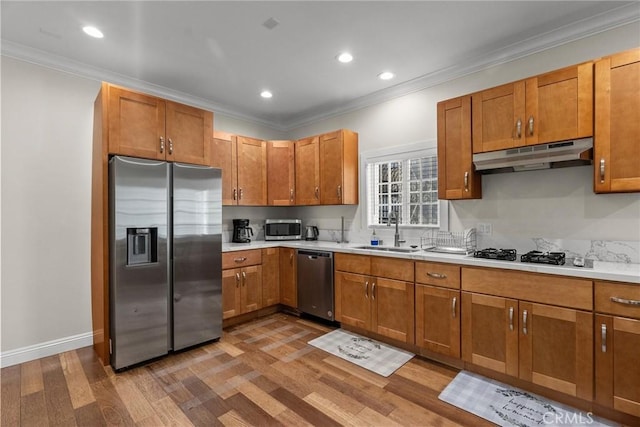 kitchen featuring under cabinet range hood, light countertops, appliances with stainless steel finishes, and a sink