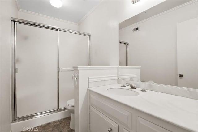 full bathroom with crown molding, visible vents, toilet, a shower stall, and vanity