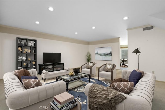 carpeted living room featuring ornamental molding, visible vents, and recessed lighting