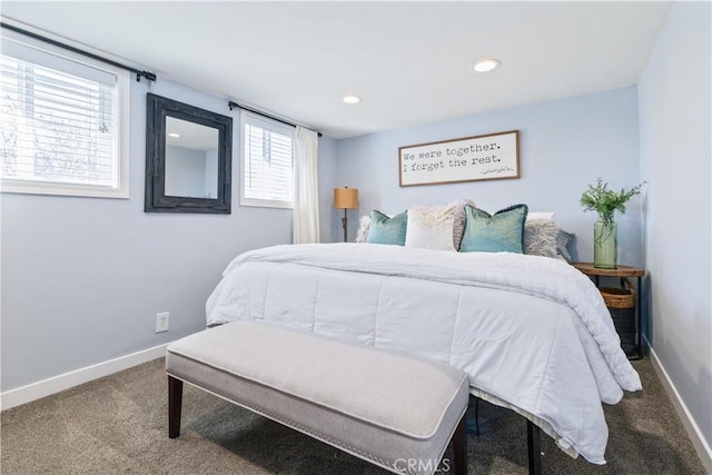 carpeted bedroom with recessed lighting and baseboards