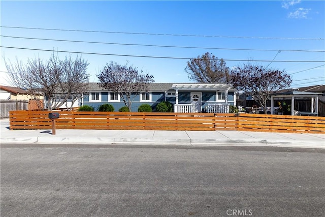 ranch-style house with a fenced front yard