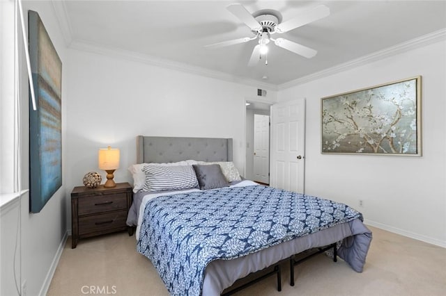 bedroom with light carpet, baseboards, visible vents, ceiling fan, and crown molding