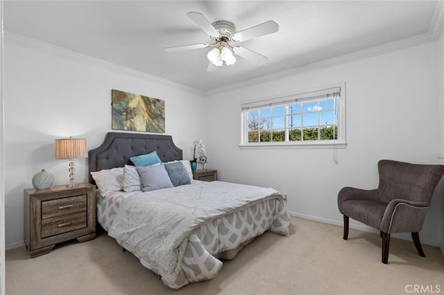 bedroom with baseboards, crown molding, and light colored carpet