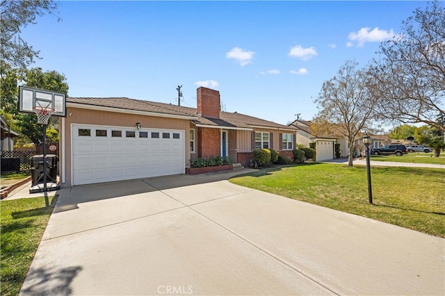 single story home with brick siding, a chimney, a garage, driveway, and a front lawn