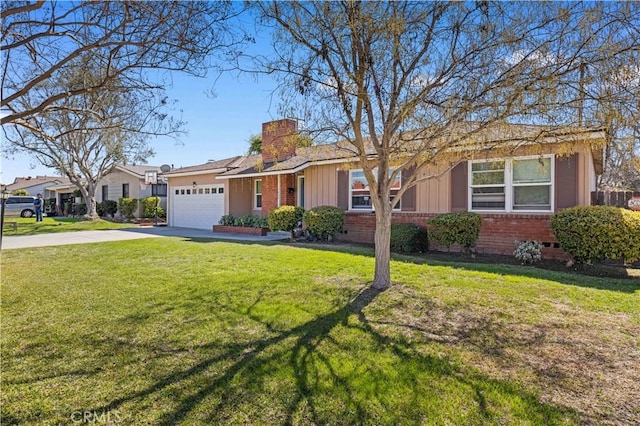 ranch-style home featuring a garage, concrete driveway, a chimney, crawl space, and a front lawn