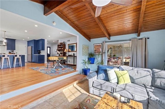 living area featuring lofted ceiling with beams, ceiling fan, wooden ceiling, recessed lighting, and light wood-type flooring