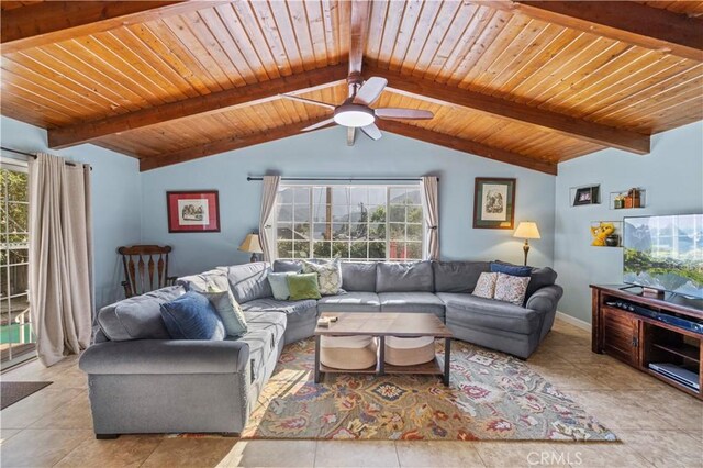 living room with lofted ceiling with beams, wood ceiling, and a ceiling fan