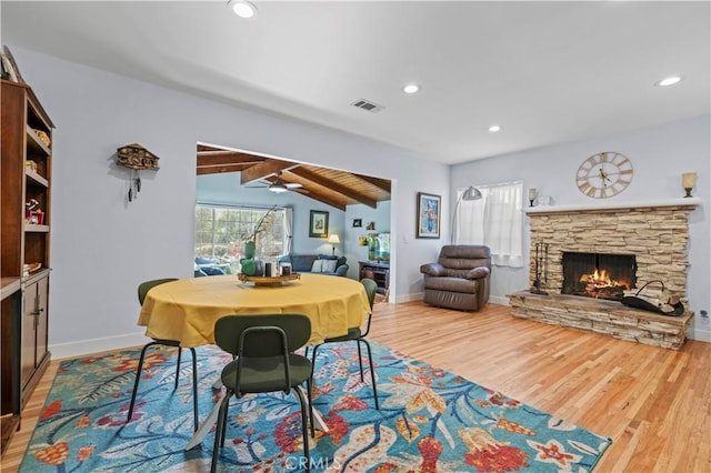 3104 Altura Ave, La Crescenta, CA 91214 - dining room featuring wood finished floors, a fireplace, baseboards, recessed lighting, and a ceiling fan