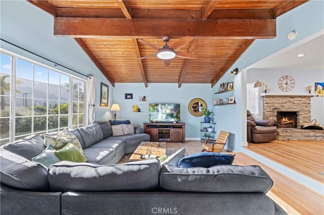 3104 Altura Ave, La Crescenta, CA 91214 - living room with wooden ceiling, ceiling fan, a stone fireplace, and baseboards
