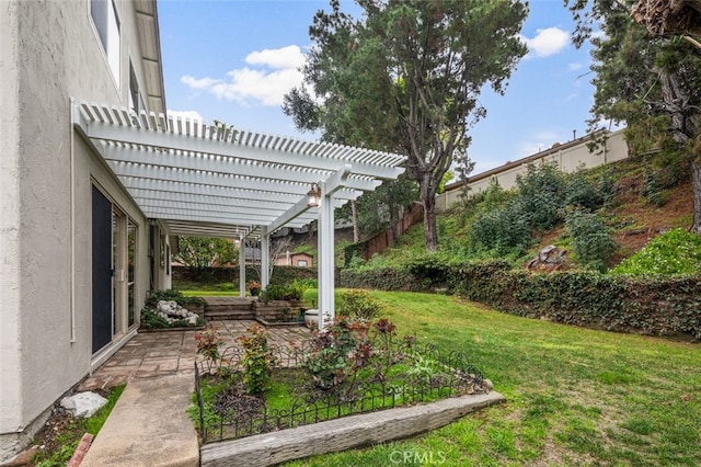 view of yard with a patio, fence, and a pergola