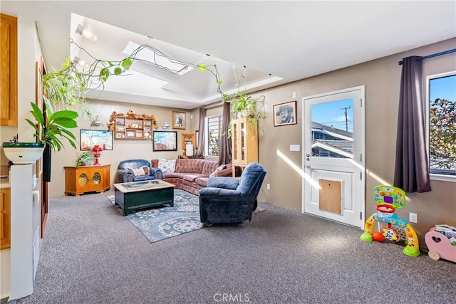 carpeted living room featuring a tray ceiling