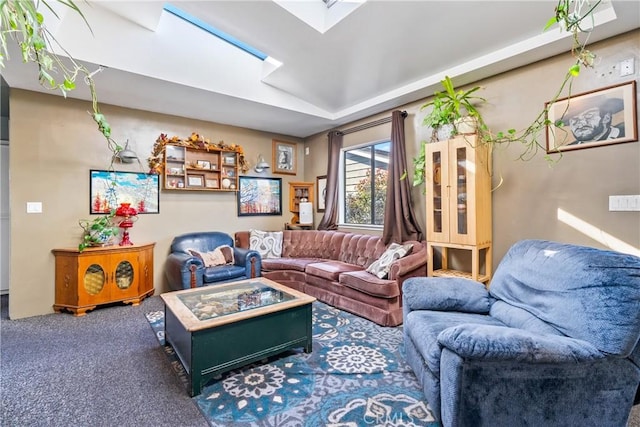 carpeted living area with a skylight