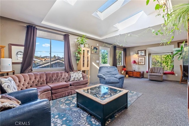 carpeted living area featuring a skylight and a tray ceiling