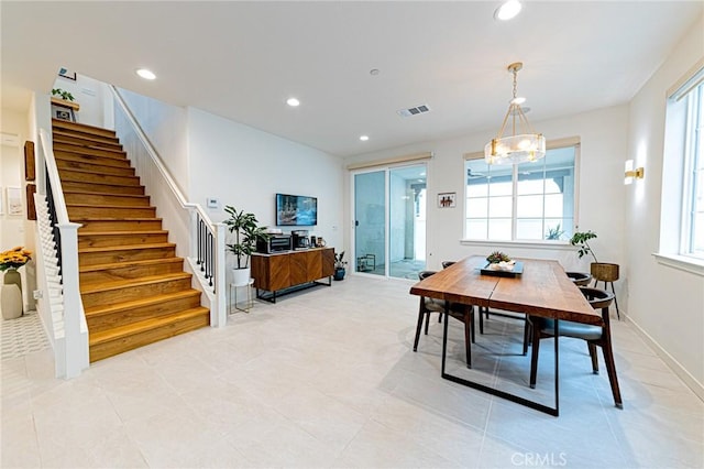 dining space with visible vents, recessed lighting, stairs, and baseboards