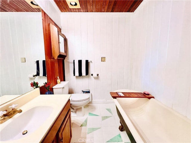 bathroom featuring wooden ceiling, vanity, and toilet