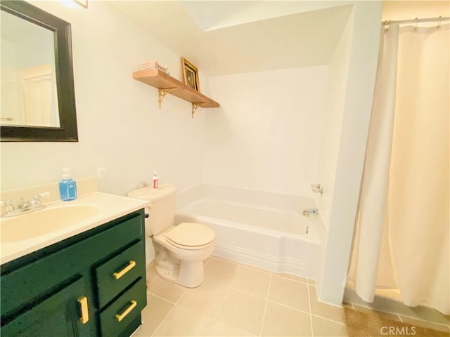 full bathroom with a washtub, toilet, vanity, a shower with curtain, and tile patterned floors