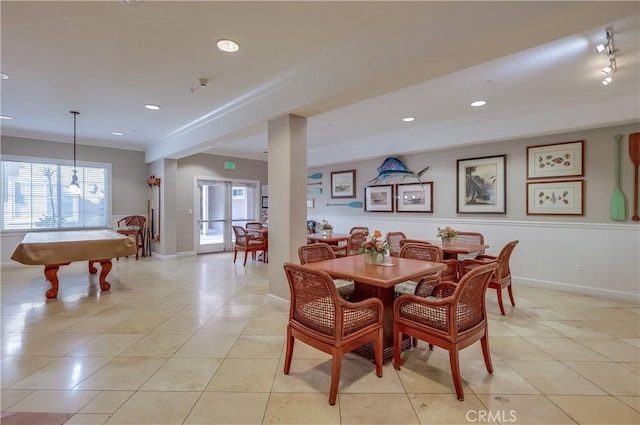 dining area featuring crown molding, light tile patterned floors, recessed lighting, pool table, and wainscoting