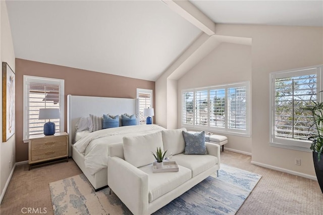 bedroom with vaulted ceiling with beams, baseboards, and light carpet