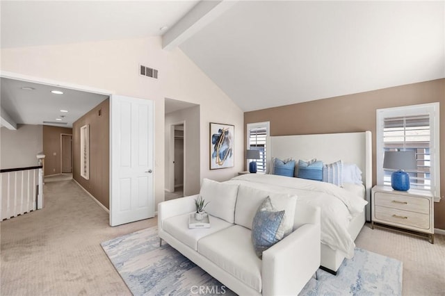 bedroom featuring light carpet, visible vents, beamed ceiling, and high vaulted ceiling