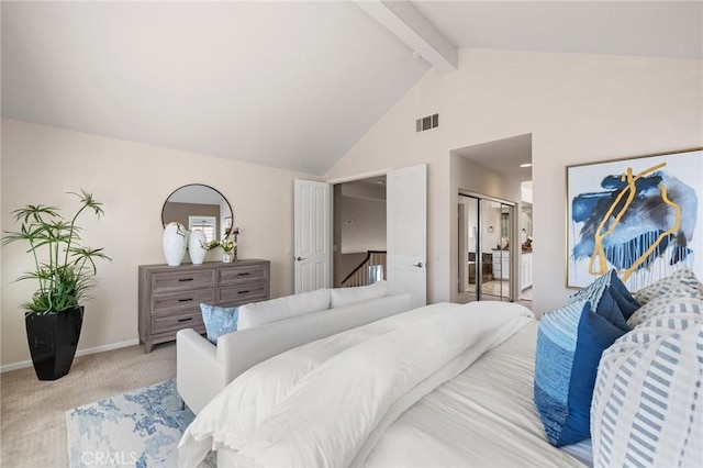 bedroom featuring visible vents, beam ceiling, high vaulted ceiling, light carpet, and baseboards