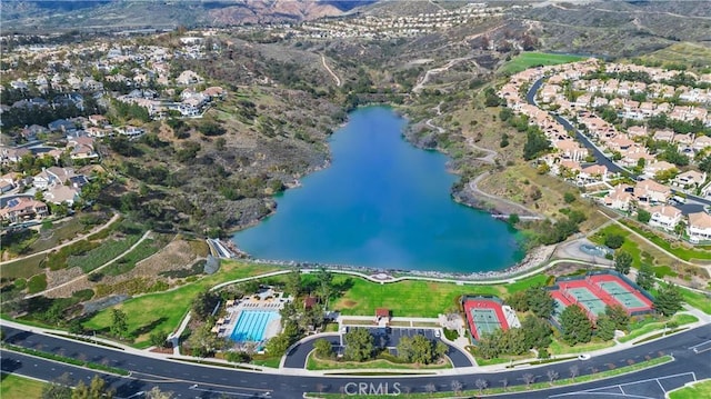 drone / aerial view featuring a water view