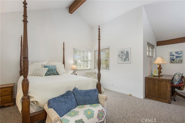 carpeted bedroom featuring high vaulted ceiling, baseboards, and beam ceiling