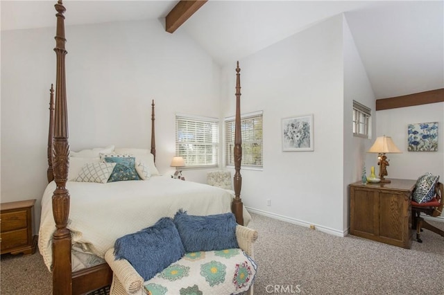 bedroom featuring beam ceiling, high vaulted ceiling, carpet, and baseboards