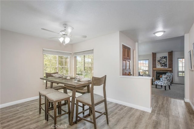 dining area with ceiling fan, a wealth of natural light, wood finished floors, and baseboards