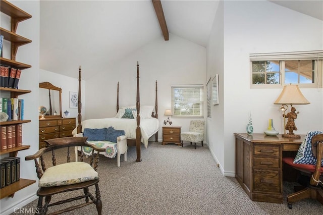 bedroom with carpet flooring, vaulted ceiling with beams, and baseboards