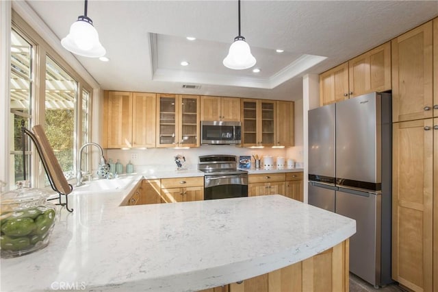 kitchen featuring recessed lighting, a sink, stainless steel appliances, a raised ceiling, and a peninsula